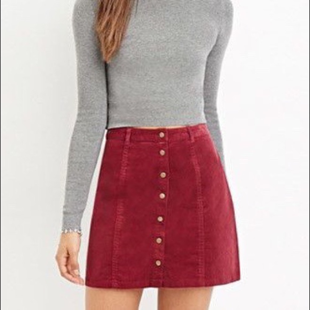 Forever 21 Red Velvet Corduroy Button Fly Skirt